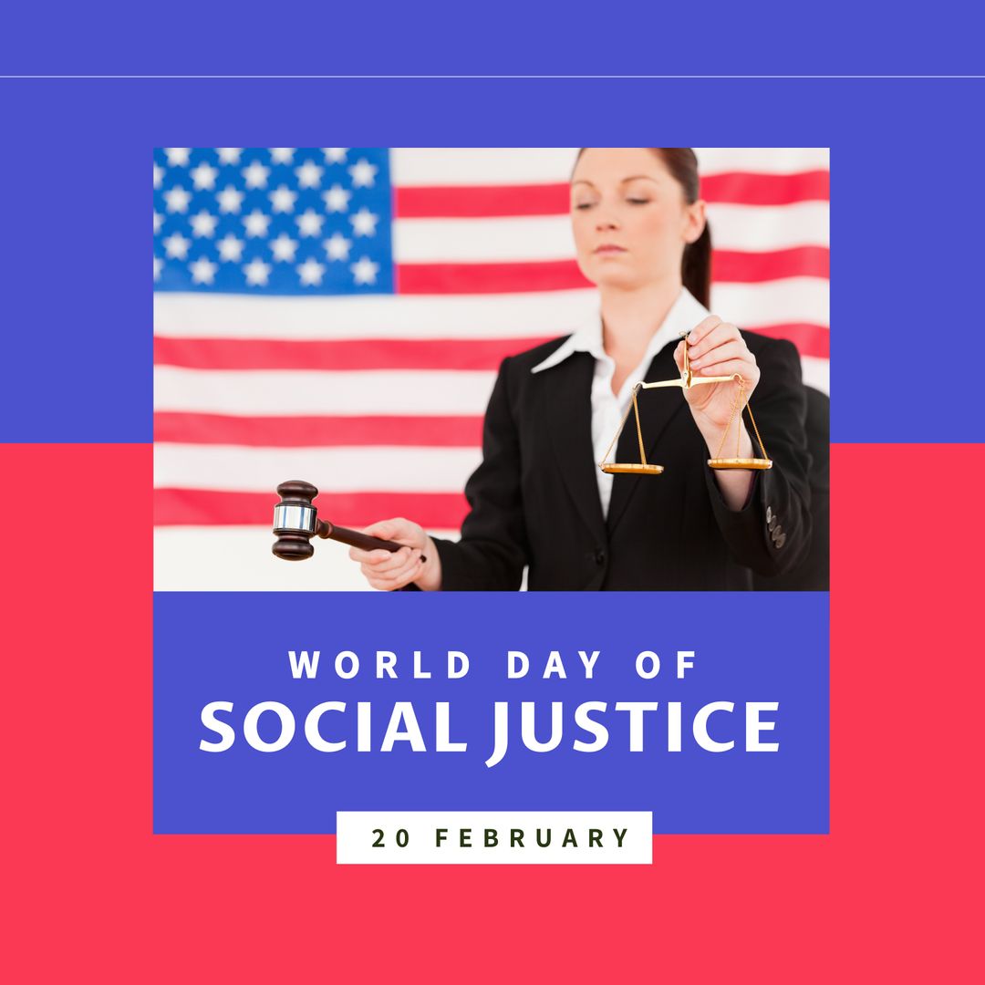 World Day of Social Justice Concept with Justice Symbols and USA Flag