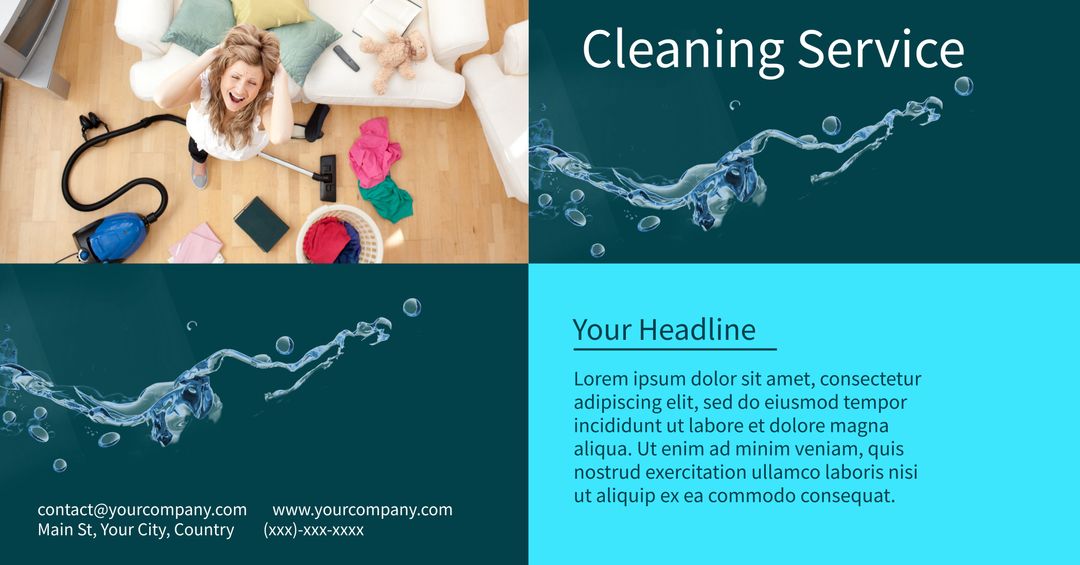 Professional Cleaning Service Ad with Water Splash and Supplies