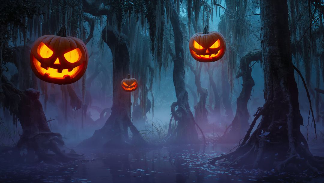 Eerie Jack-O'-Lanterns in Mystical Swamp at Night