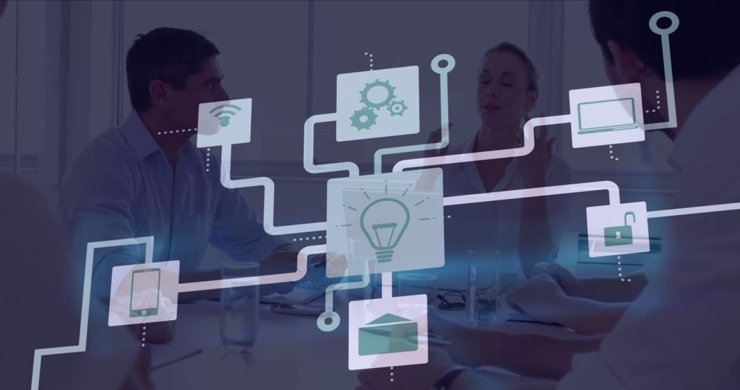 Team Discussing Futuristic Network Diagram in Modern Office - Free Images, Stock Photos and Pictures on Pikwizard.com