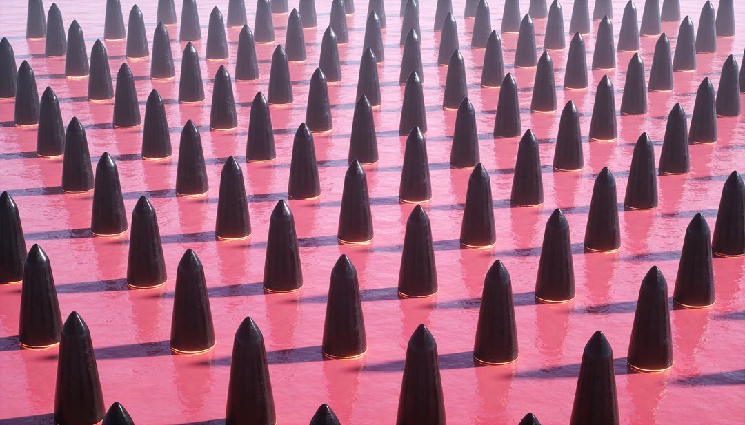 Black Cones Forming Repeating Geometric Grid on Glossy Red Surface with Dramatic Shadows