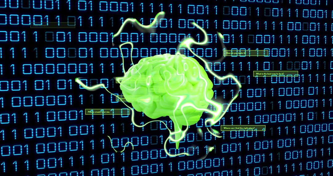Futuristic Green Brain with Electrical Currents Over Binary Code