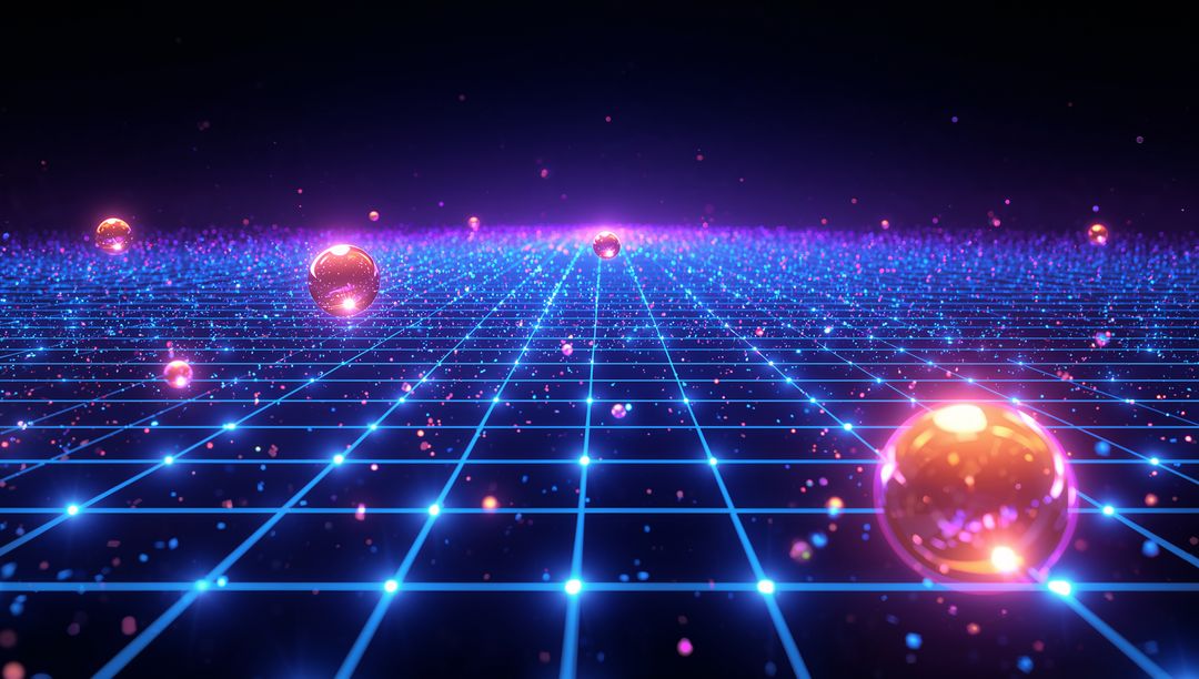 Futuristic Neon Grid with Floating Spheres, Sci-Fi Style