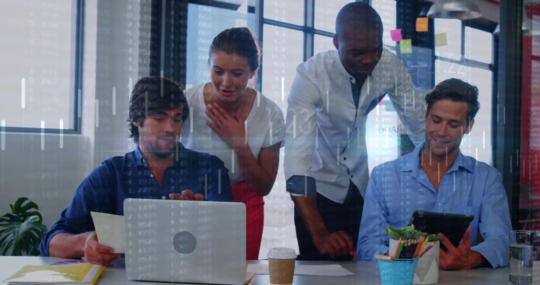 Diverse Team Analyzing Financial Data on Technology Devices in Modern Office