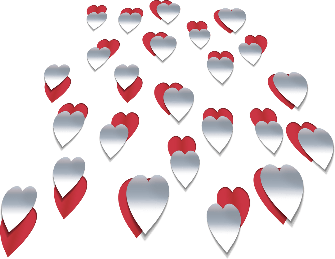 Floating Silver and Red Hearts on Transparent Background