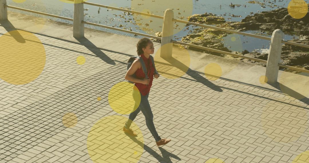 Joyful Walk on Sunny Promenade with Artistic Touch