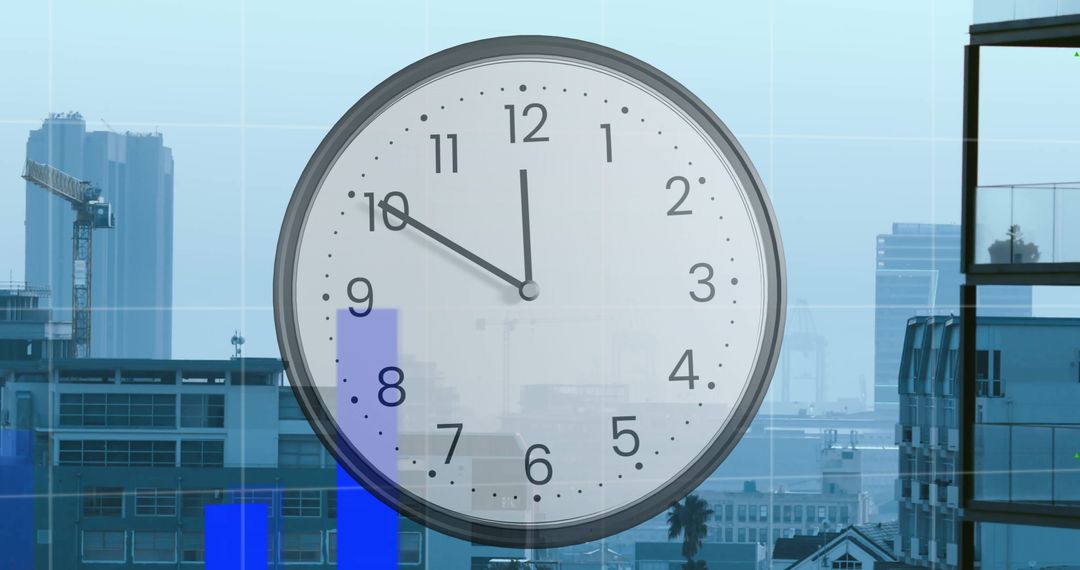 Clock Overlay on Modern Urban Cityscape with Data Visualizations