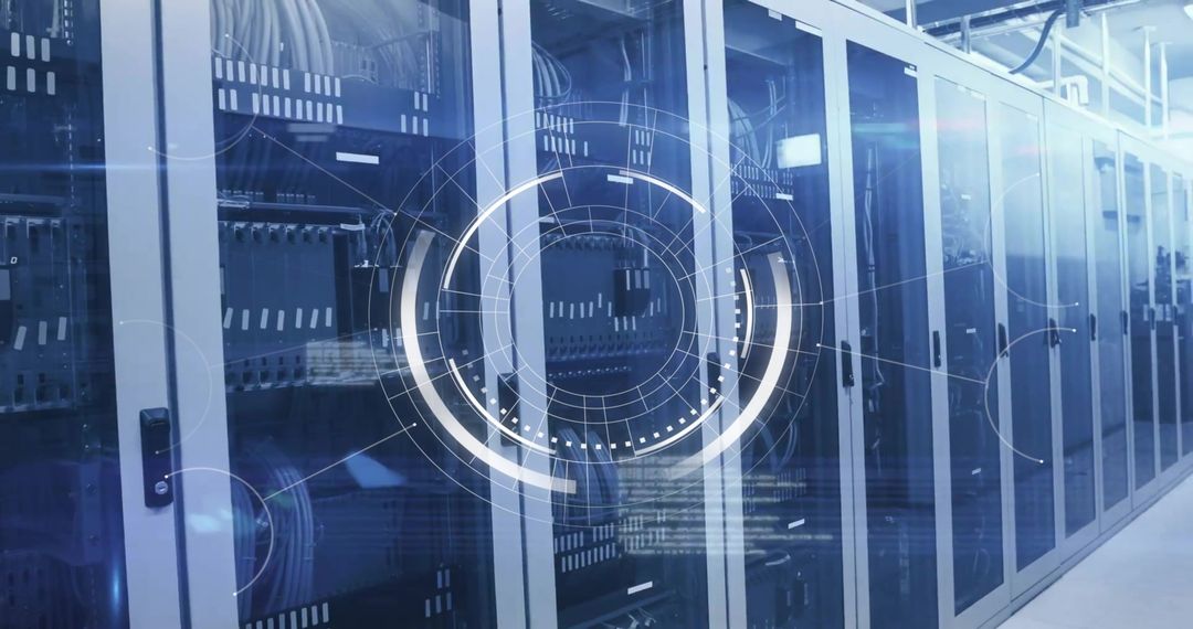 Modern Data Center with Digital Online Data Processing Symbols