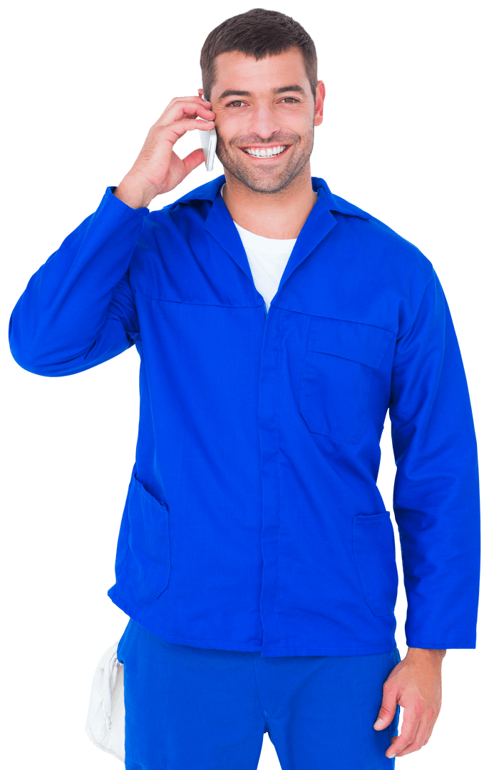 Smiling Male Mechanic in Blue Overall Using Phone on Transparent Background