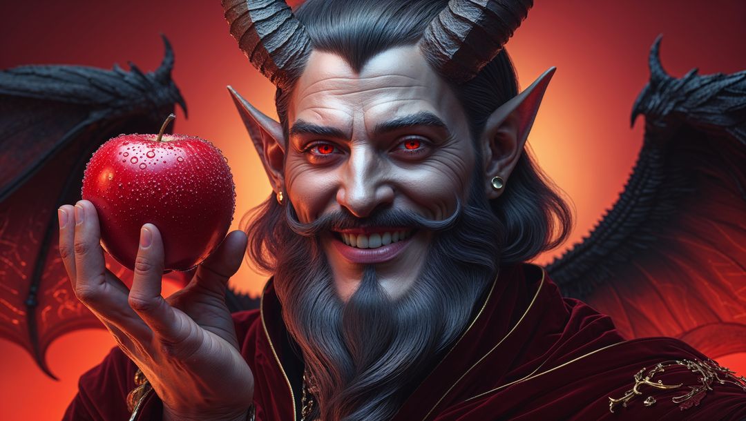 Mystical satan holding dewy red apple in luxurious velvet robe