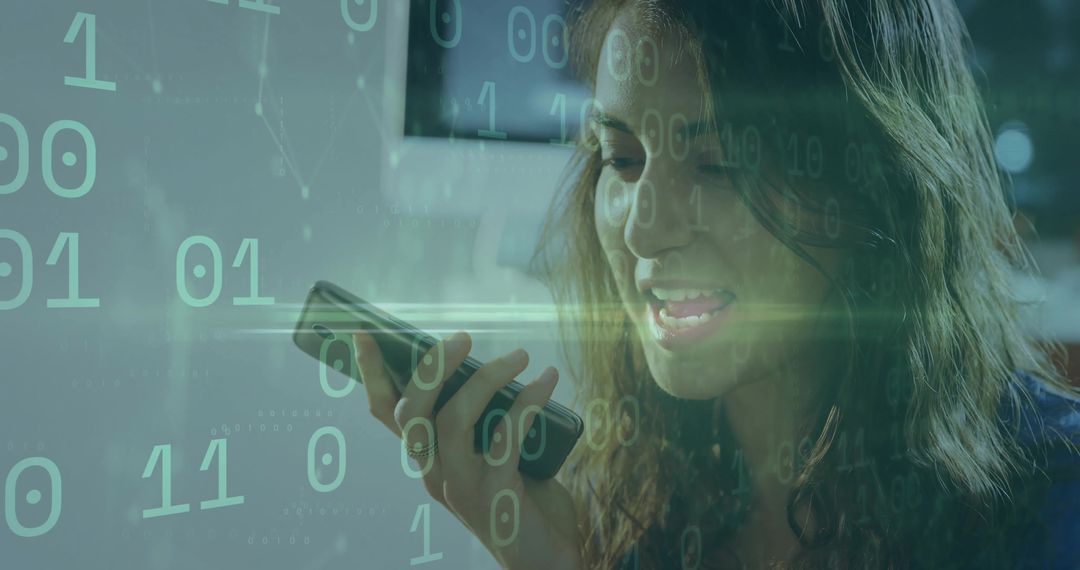 Woman Using Smartphone with Binary Code Overlay in Modern Office