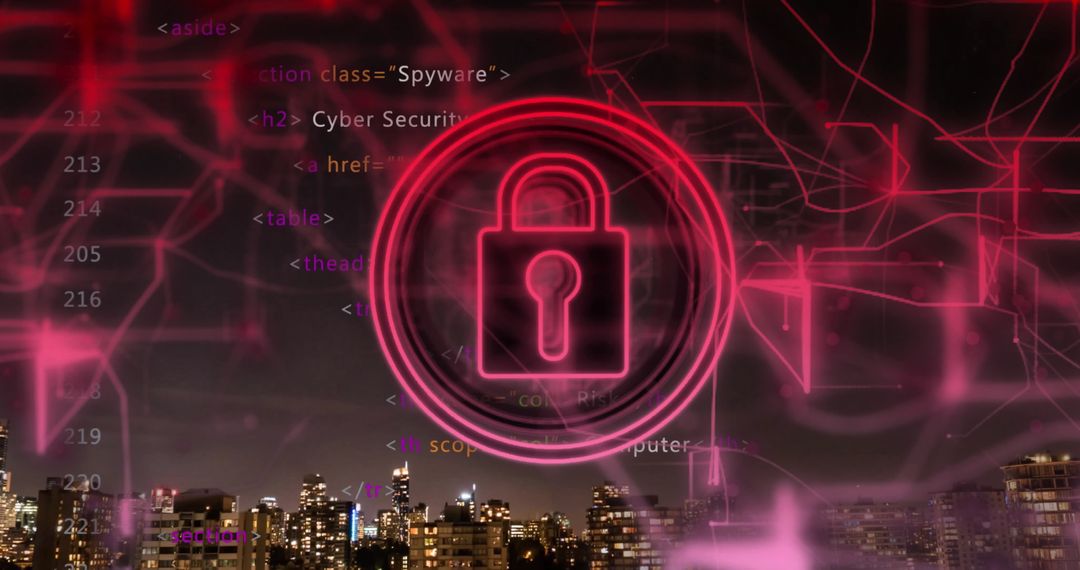 Digital Security Concept with Padlock Over Cityscape and Code