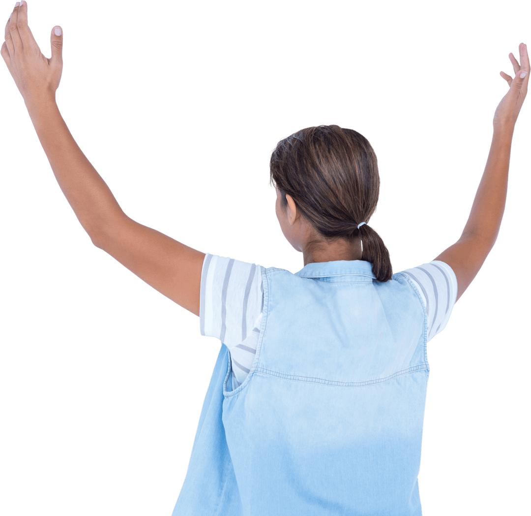 Transparent View of Woman Raising Hands in Casual Attire