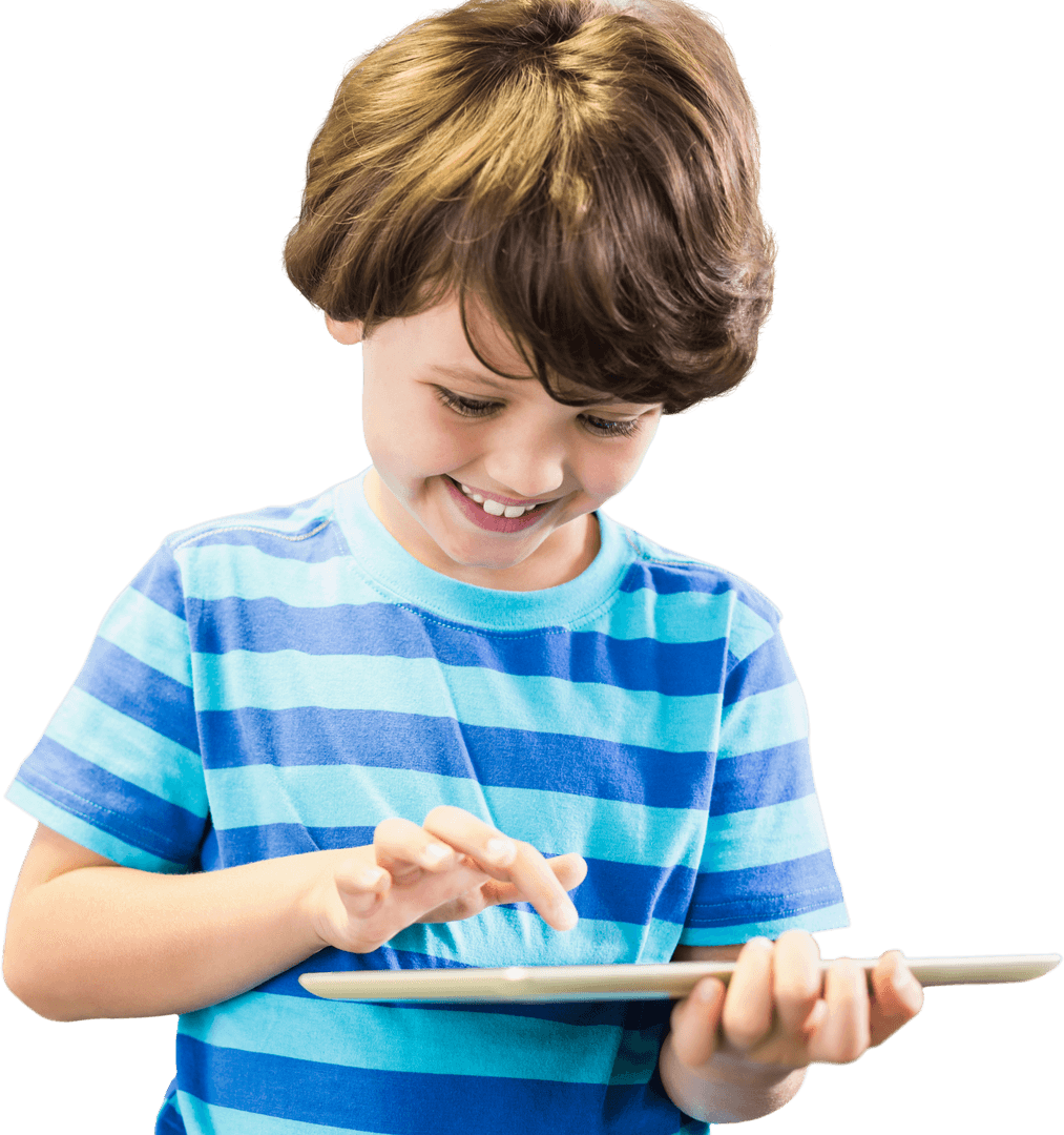 Smiling Child Engaging with Transparent Digital Tablet Screen