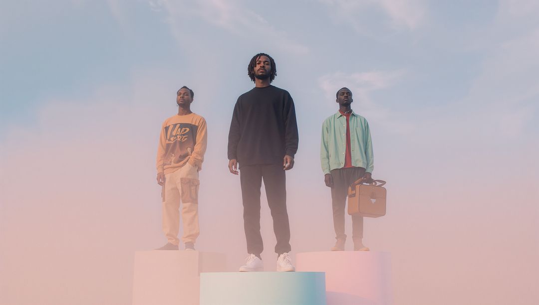 Elegant Trio Standing on Pastel Podiums in Soft Lighting