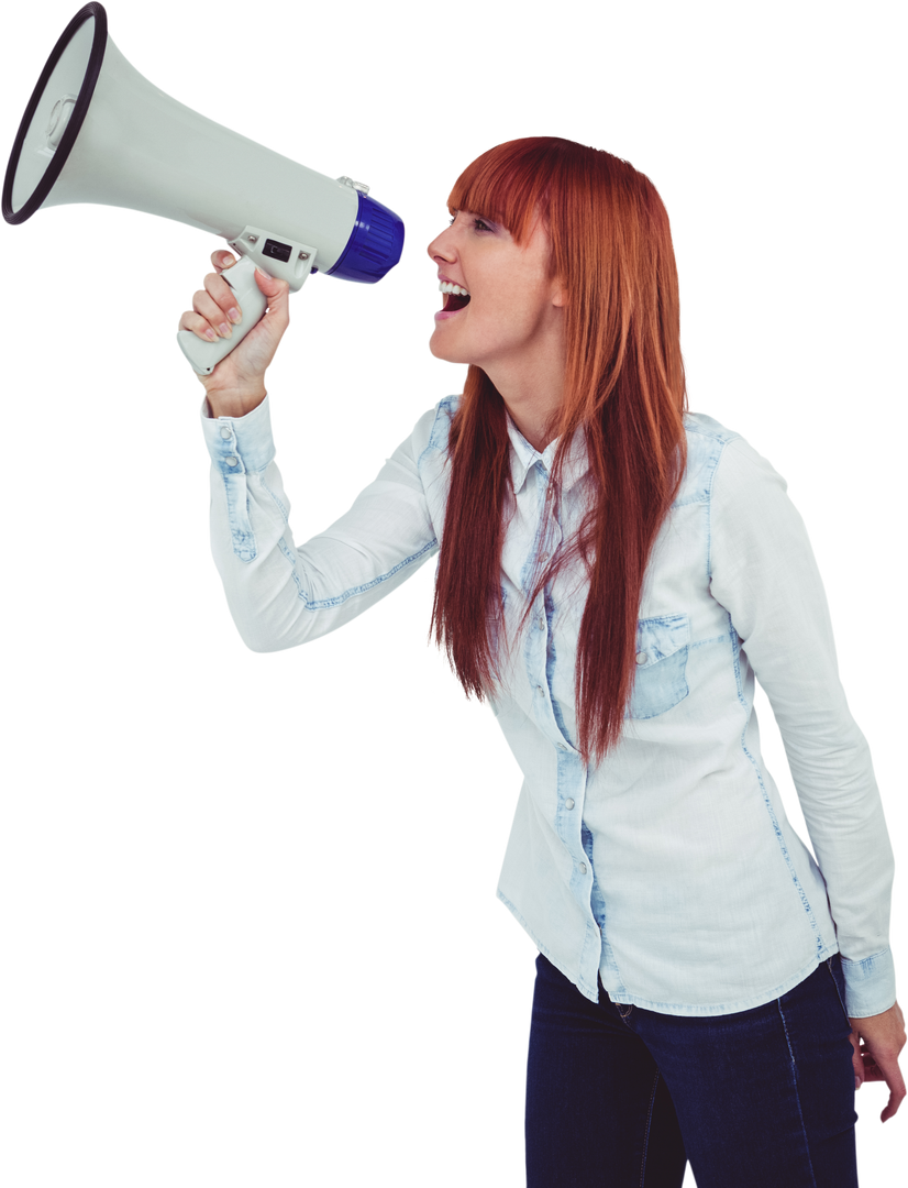 Cheerful Hipster Woman with Megaphone on Transparent Background Is Messaging - Download Free Stock Images Pikwizard.com