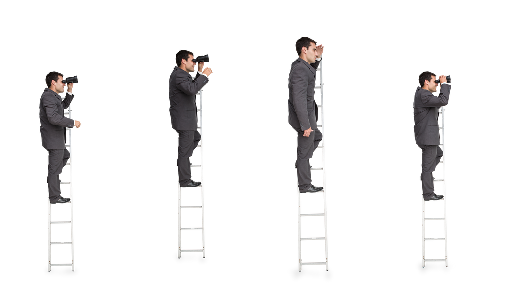 Transparent Businessman on Ladder in Different Poses with Binoculars and Telescope - Download Free Stock Images Pikwizard.com