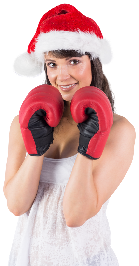 Festive Brunette Woman Wearing Santa Hat and Boxing Gloves, Transparent Background - Download Free Stock Images Pikwizard.com