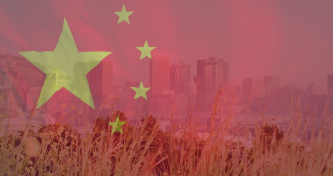 China Flag Blending with Urban Skyline for Global Business Concept