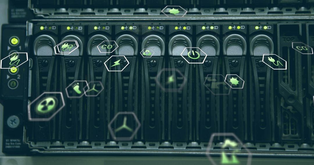 Futuristic Icons Floating Over Data Center Server