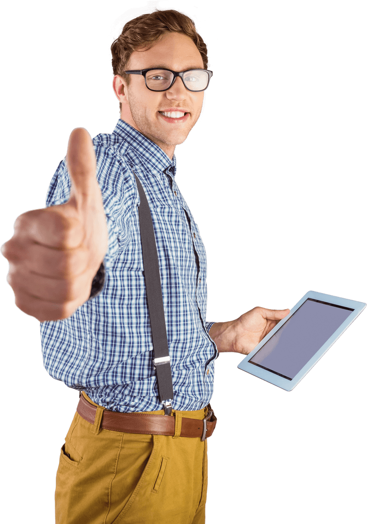 Geeky Guy in Glasses Holding Tablet Giving Thumbs Up Transparent