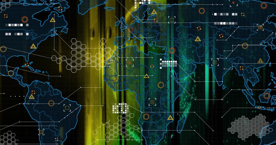 Futuristic Digital World Map with Data Nodes and Alerts