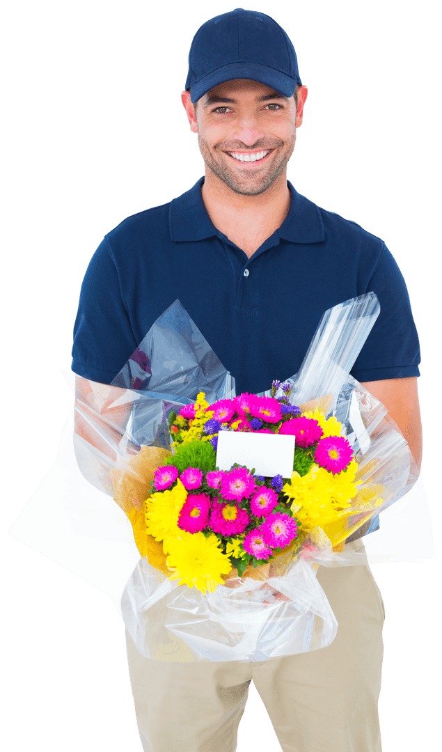 Transparent Delivery Man Holding Bouquet of Colorful Flowers