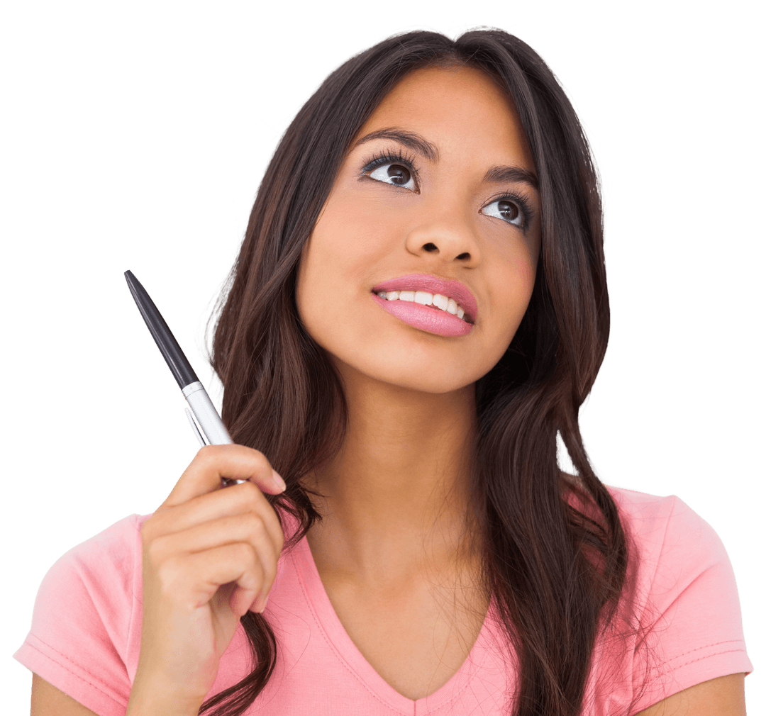 Thoughtful Woman Holding Pen on Transparent Background Pondering Ideas