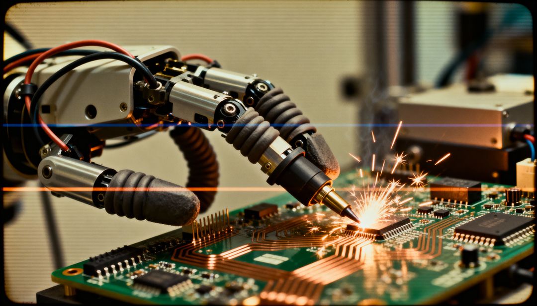Robotic arm soldering PCB producing sparks during precision electronics assembly