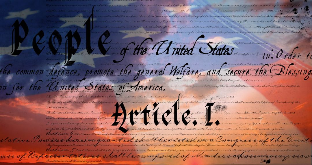 U.S. Constitution Text with Flag Background at Sunset