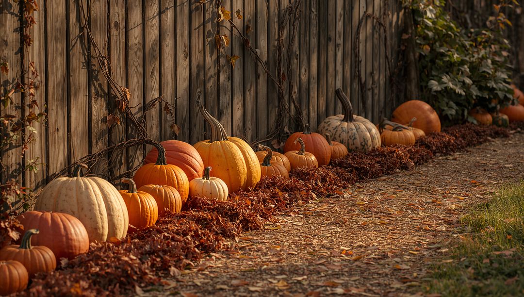 Rustic Autumnal Row of Pumpkins by Weathered Garden Fence