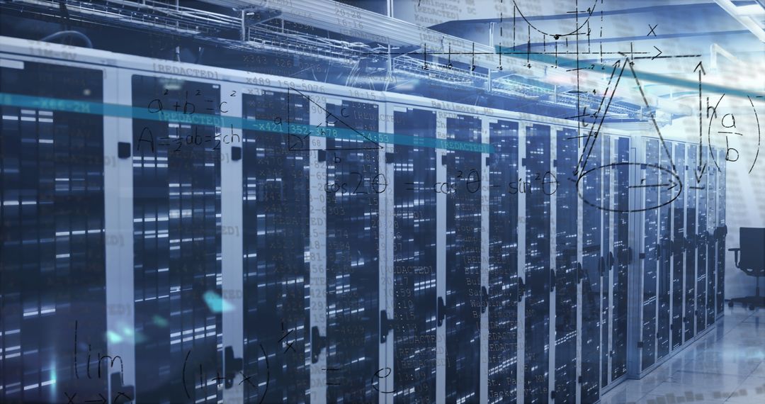 Futuristic Server Room with Mathematical Overlay