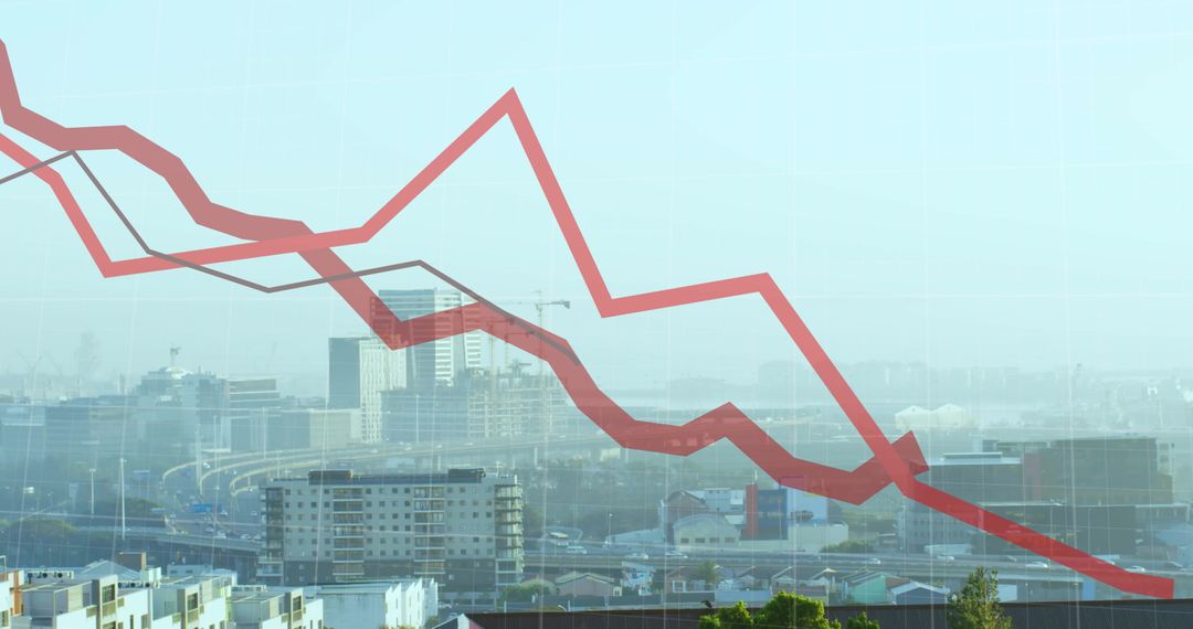 Red Falling Stock Graph Over Urban Skyline Indicating Decline