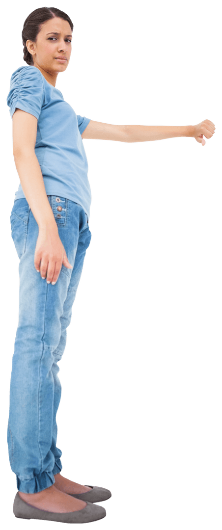 Young Woman Giving Thumbs Down Gesture on Transparent Background