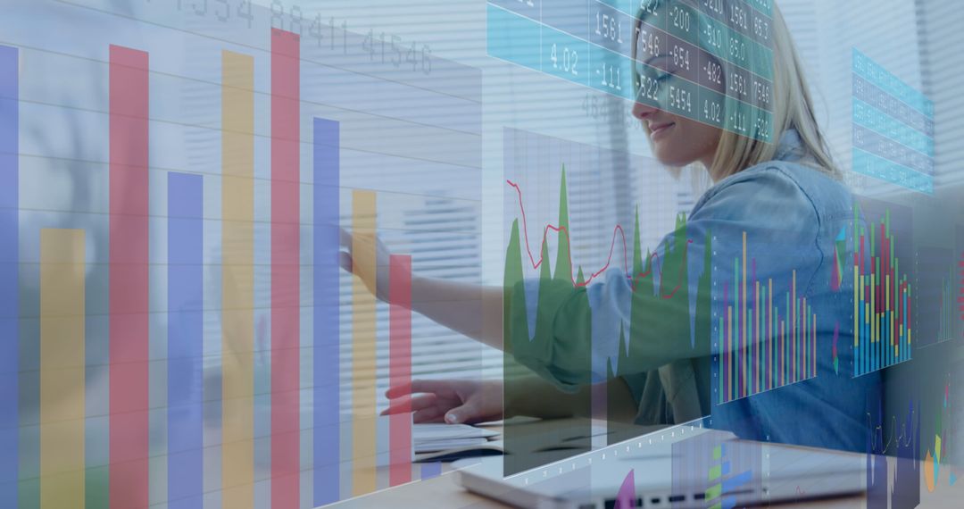 Businesswoman Analyzing Data on Laptop with Statistics Overlay