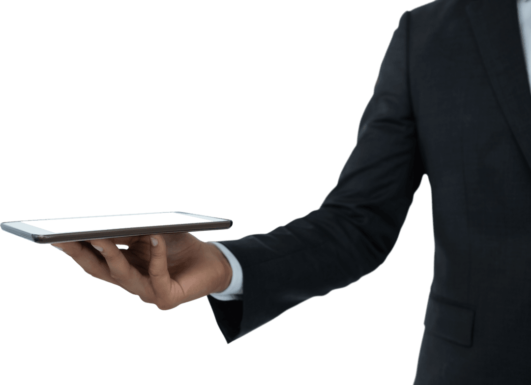 Businessman Presenting Wireless Tablet with Transparent Background