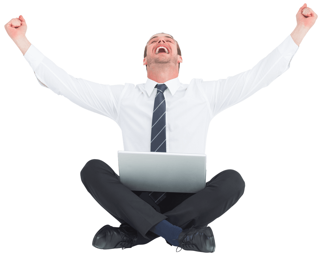 Businessman Cheering Sat With Laptop Transparent Background