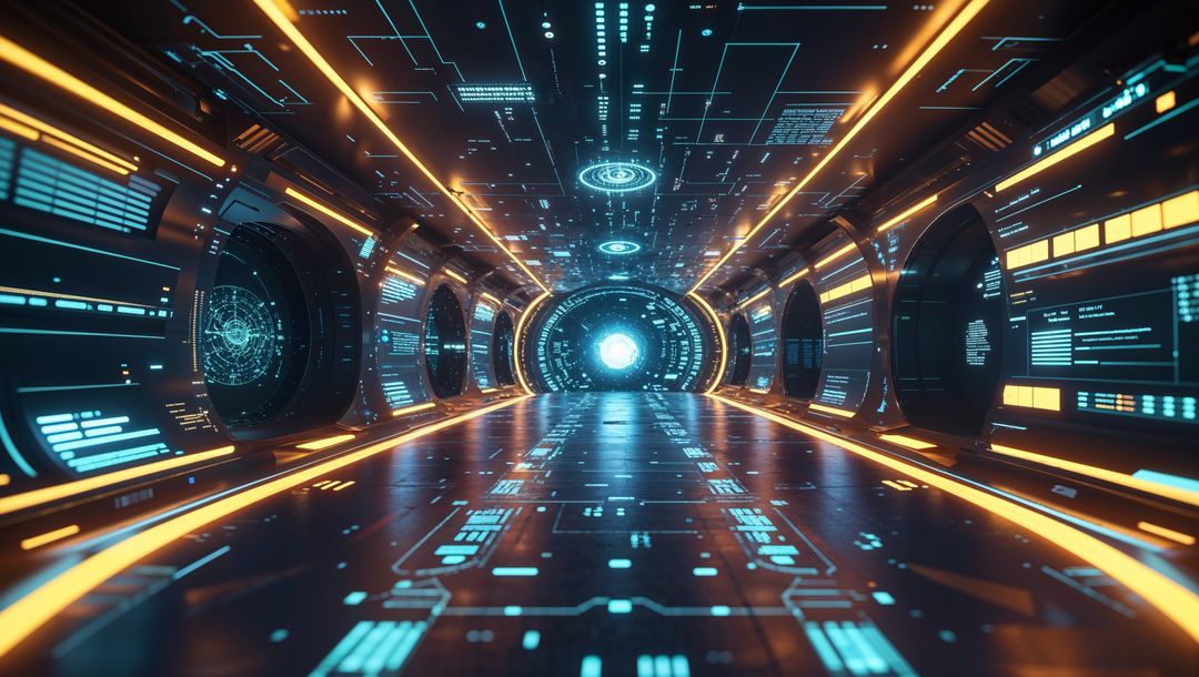 Futuristic led corridor with holographic displays and website portal