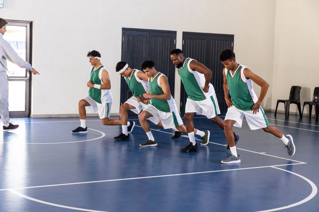 Male Basketball Team Practicing Lunges Together