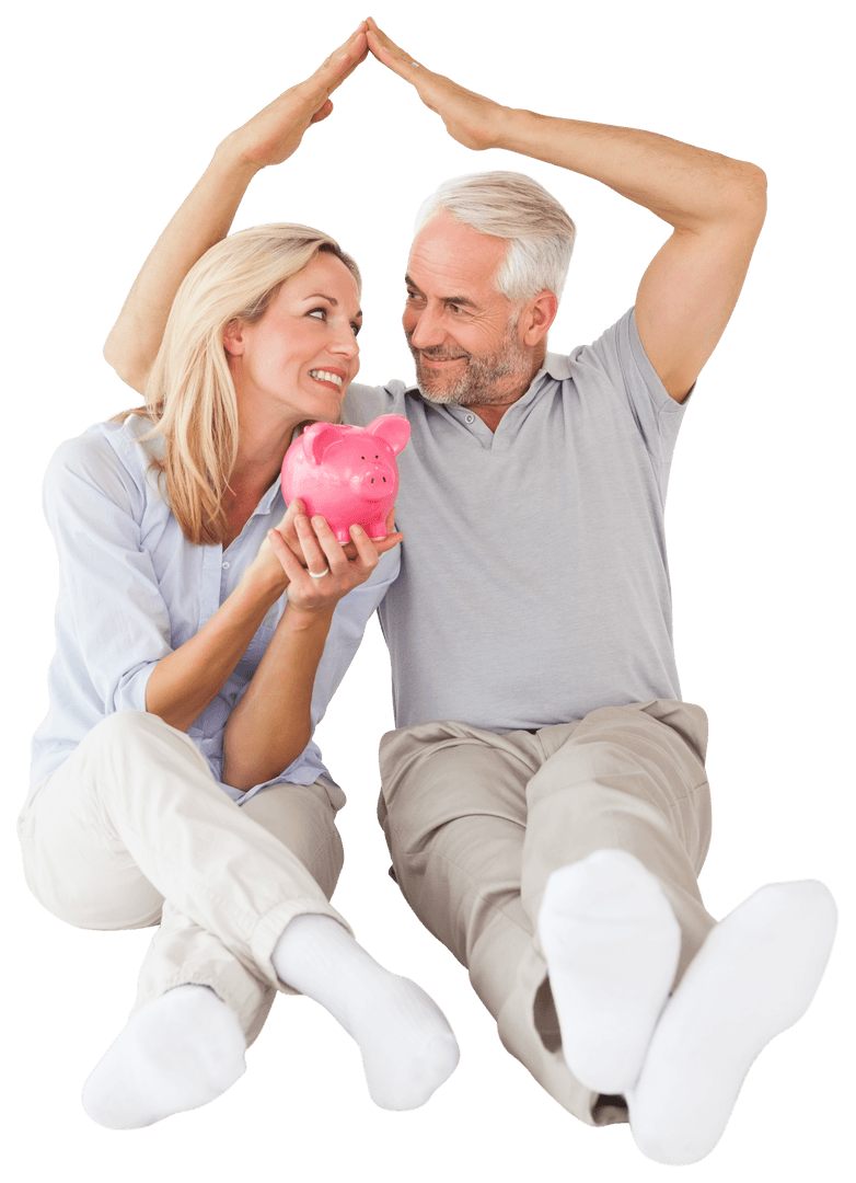 Happy Couple with Piggy Bank in Transparent Dream House