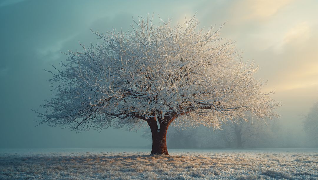 Serene Frost-Covered Tree in Tranquil Winter Landscape