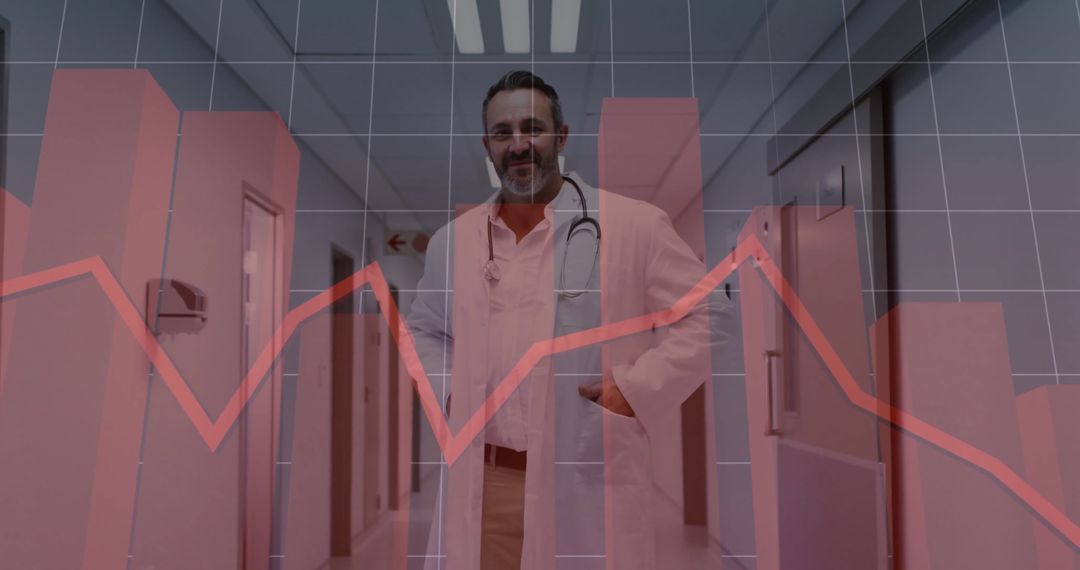 Doctor in Hospital Corridor with Financial Graph Overlay