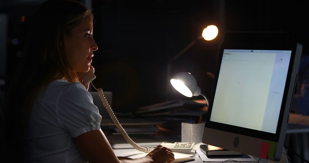 Woman working late on phone call in dimly lit office - Free Images, Stock Photos and Pictures on Pikwizard.com