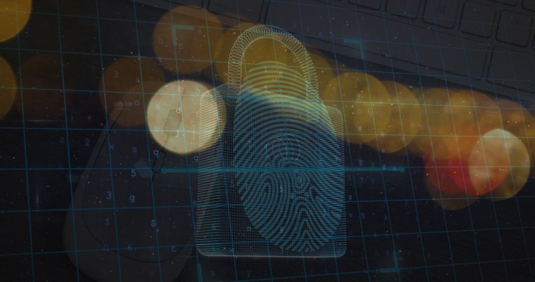 Digital Padlock with Fingerprint over Blurred Traffic Lights