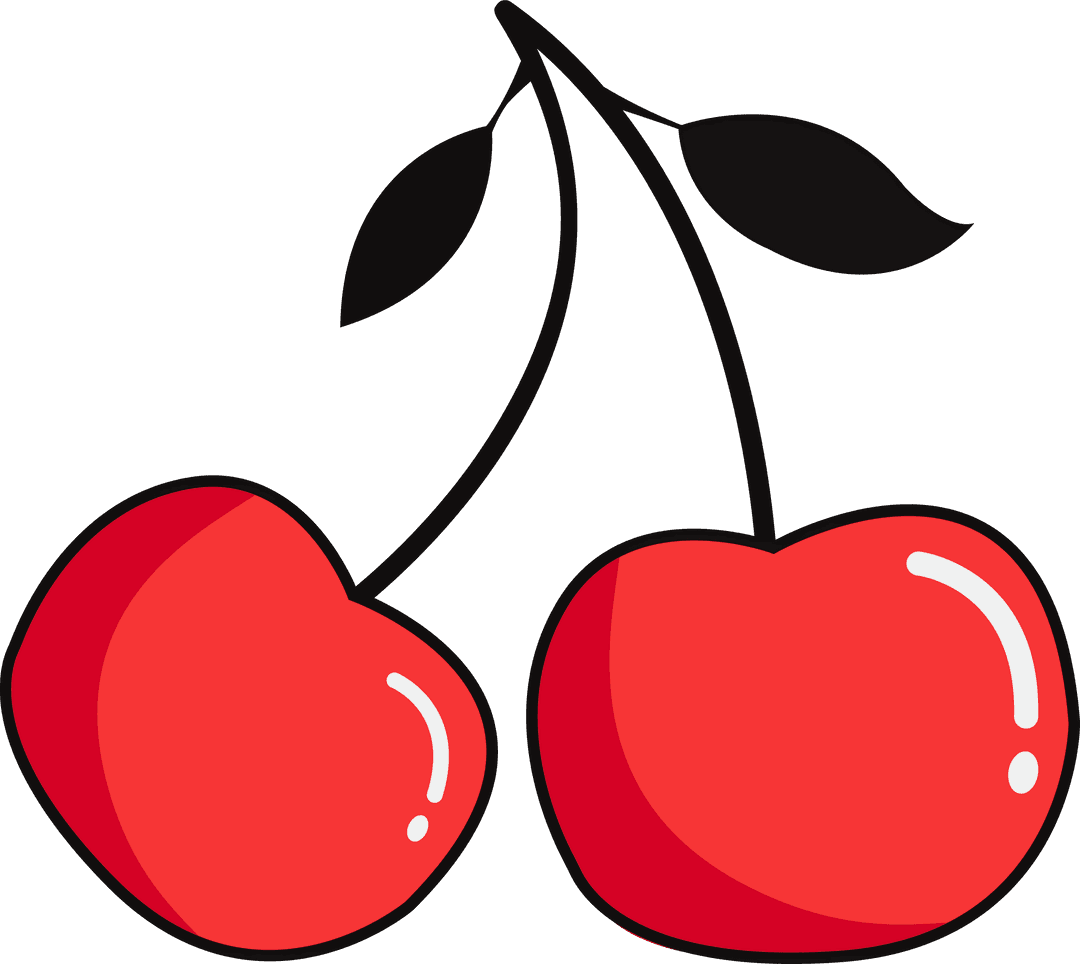 Pair of Cherries on Black Stems with Leaves Flat Minimalist Design