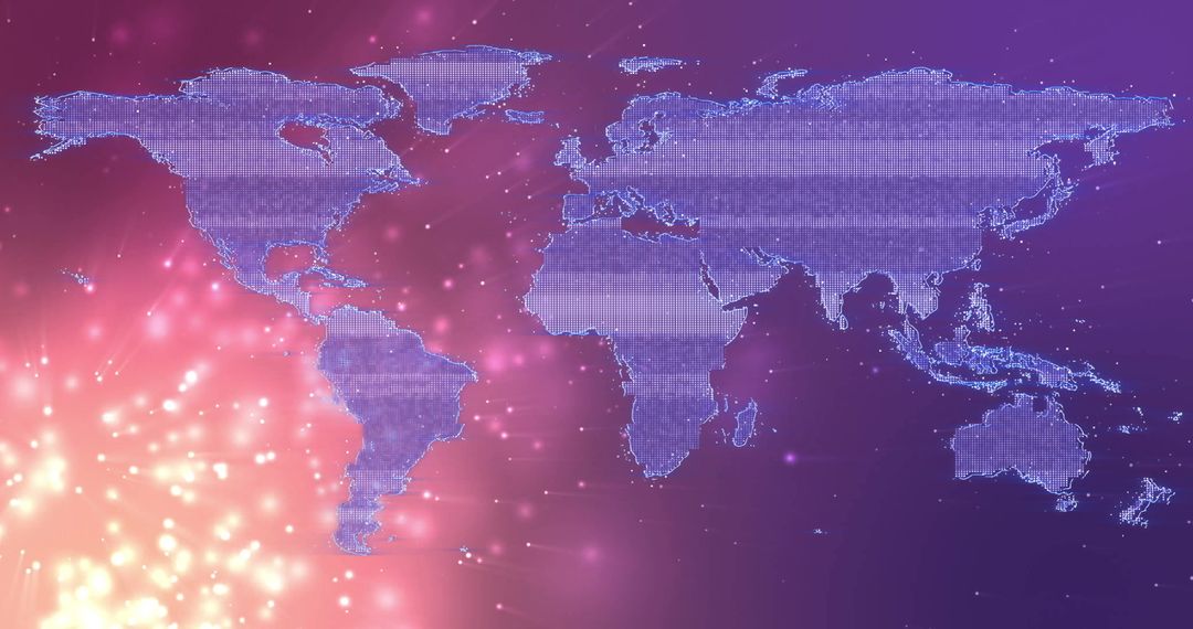 Digitized World Map with Binary Data and Light Nodes on Purple Gradient