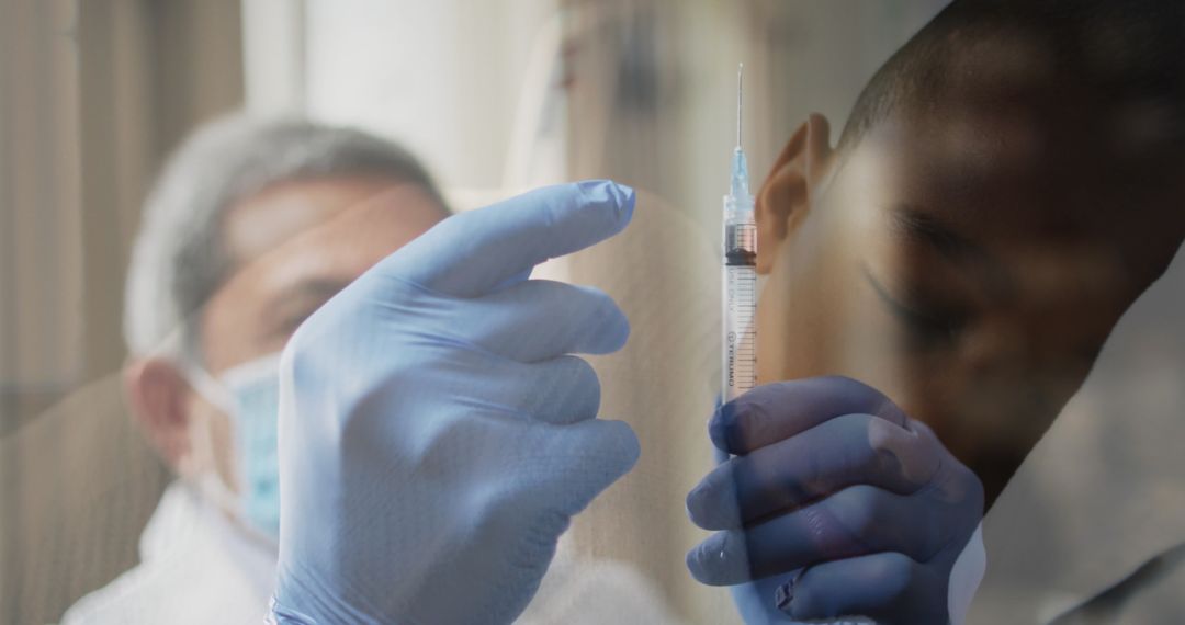 Doctor Preparing Vaccine Syringe, Child Asleep During COVID-19