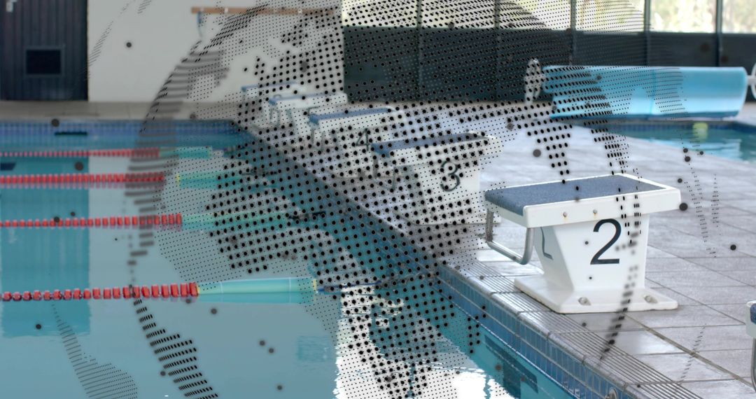 Starting Block Number 2 at Indoor Lap Pool with Red Lane Ropes and Global Halftone Overlay