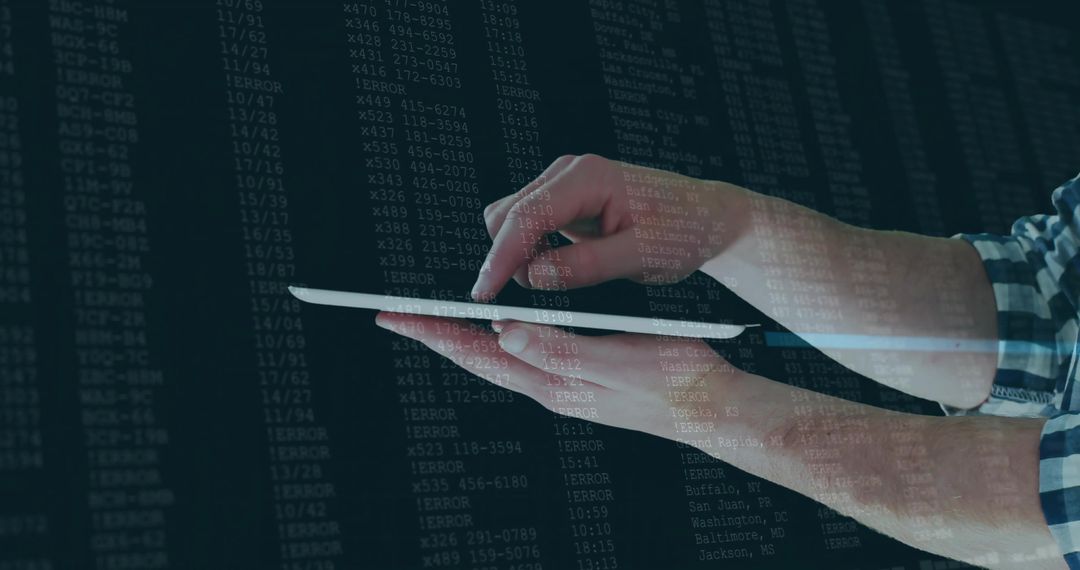 Hands Using Tablet with Programming Code Overlay