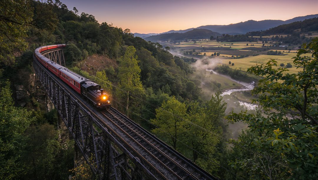 Steam Locomotive Traversing Scenic Trestle with Morning Mist